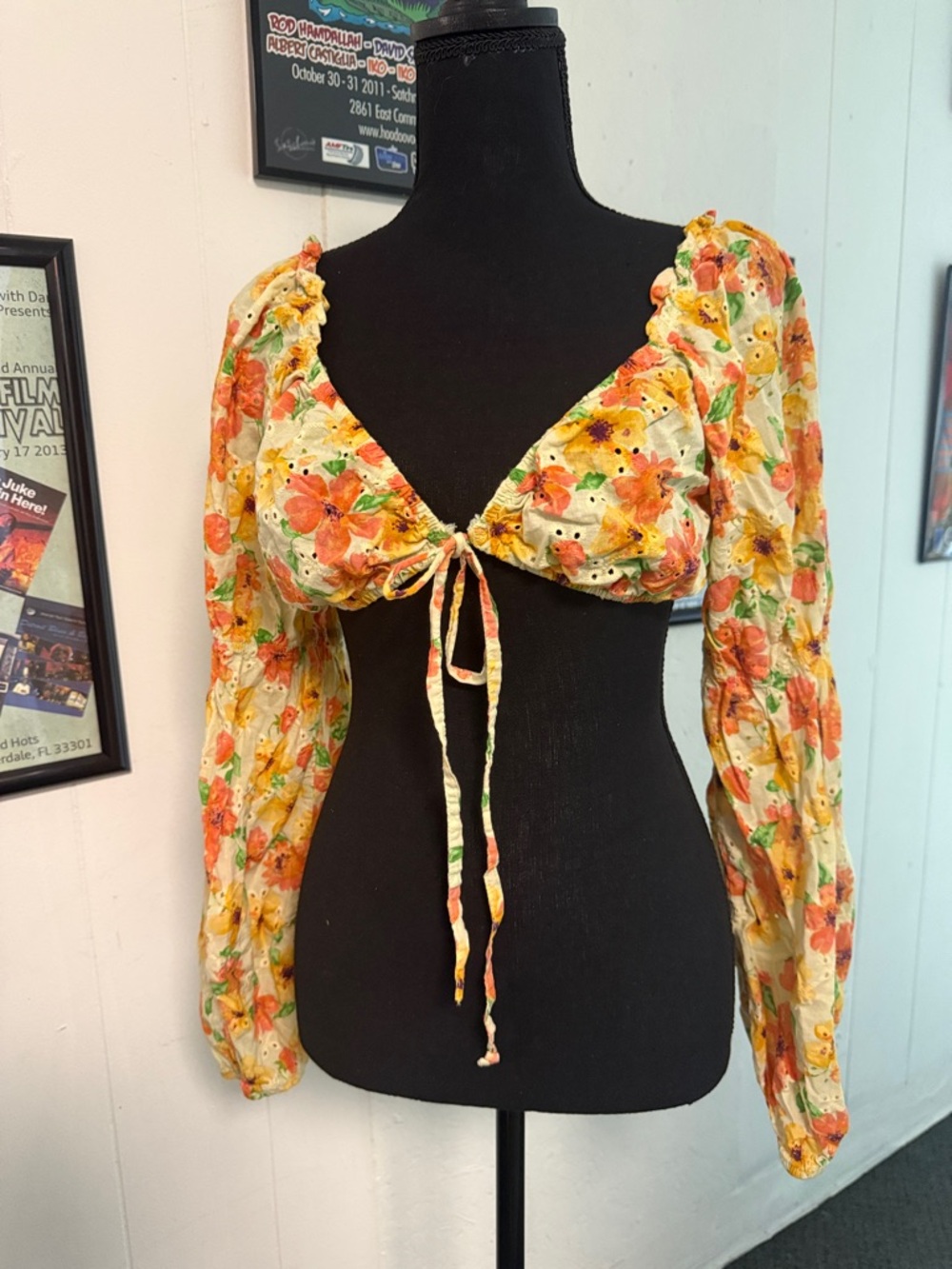 wild fable Floral Tie-Front Long Sleeve Crop Top - Cream, Orange & Yellow